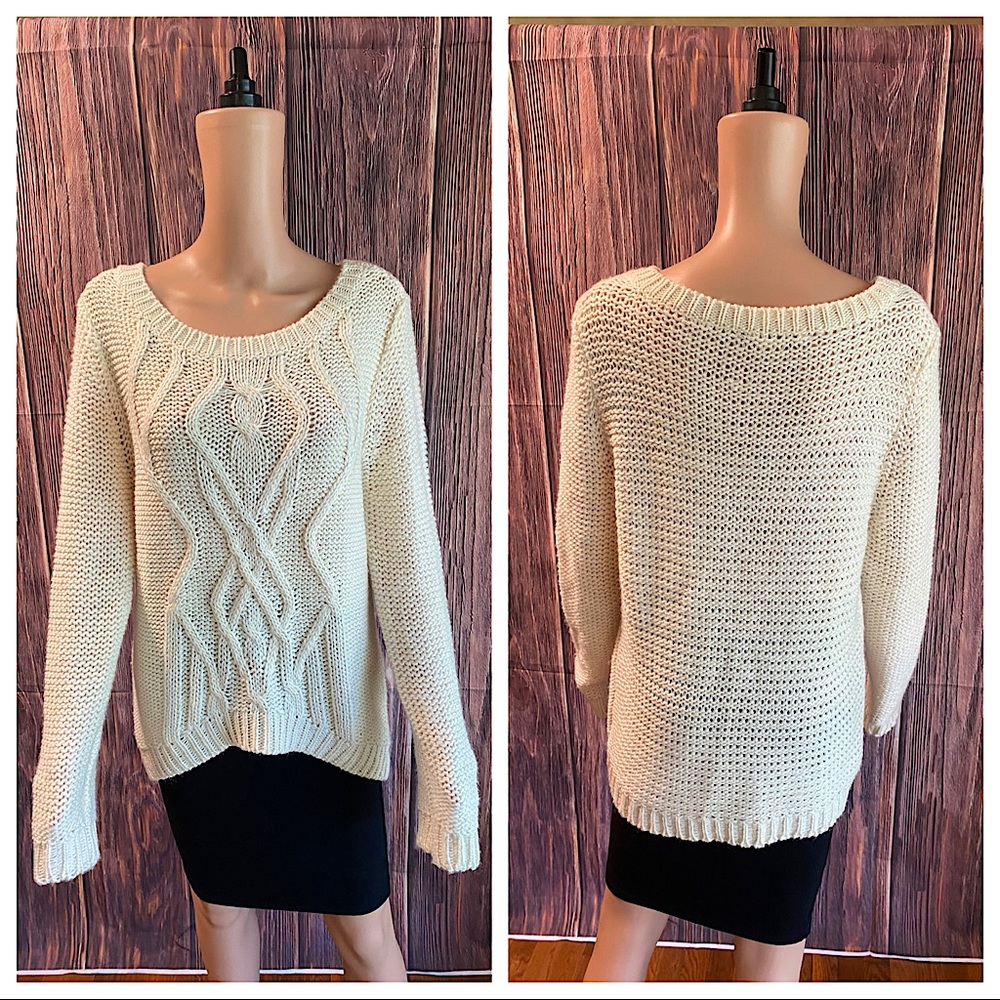 American Rag size medium cream white braided knit scoop neck sweater boho